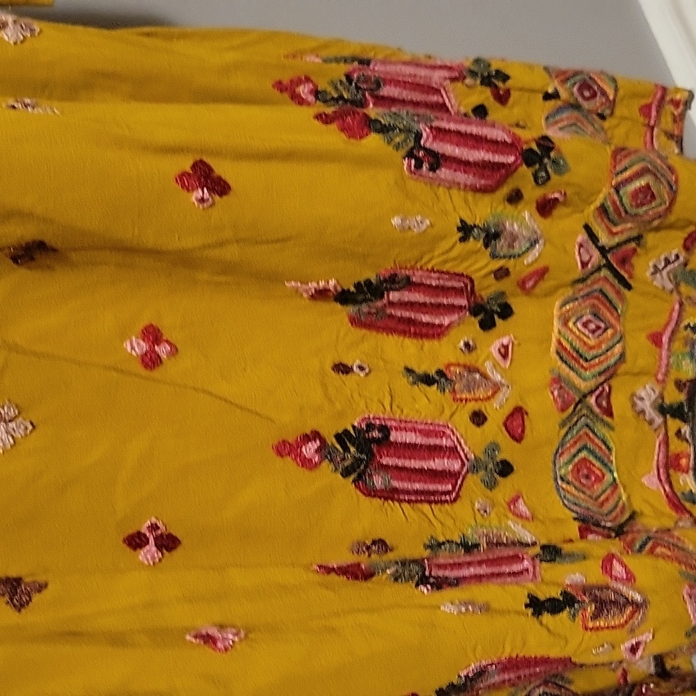 Anthropologie Mustard Yellow Embroidered Border Long-Sleeve Dress - Picture 5 of 11